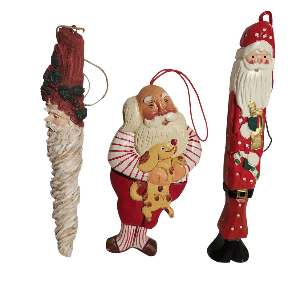 Lot of 3 Vintage Hand Painted Santa Claus Christmas Ornaments Unique RusticStyle